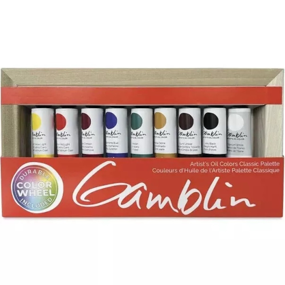 GAMBLIN Artists Oil Colors Classic Color Wheel Palette 9 Tubes Set, Mixing Guide